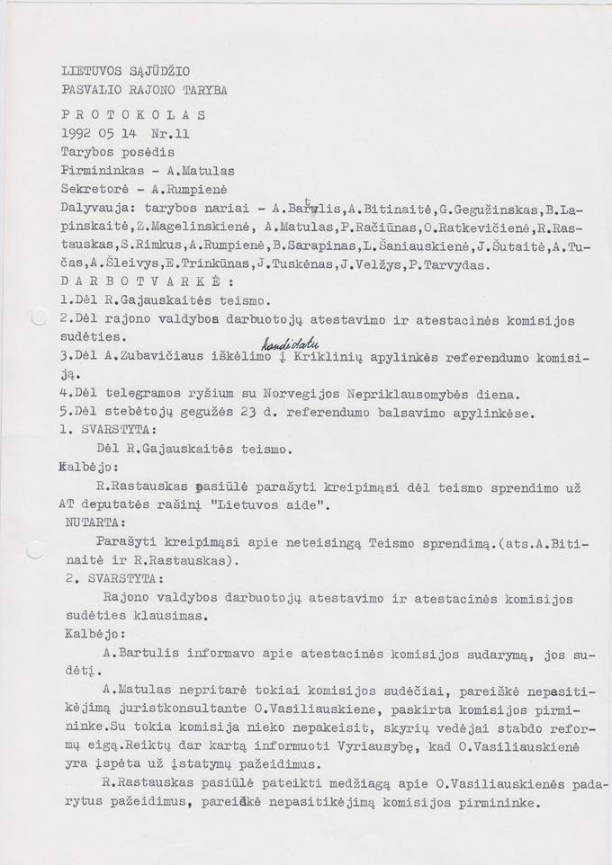 Lietuvos Sajūdžio Pasvalio rajono Tarybos 1992 m. gegužės 14 d. posėdžio PROTOKOLAS Nr. 11 